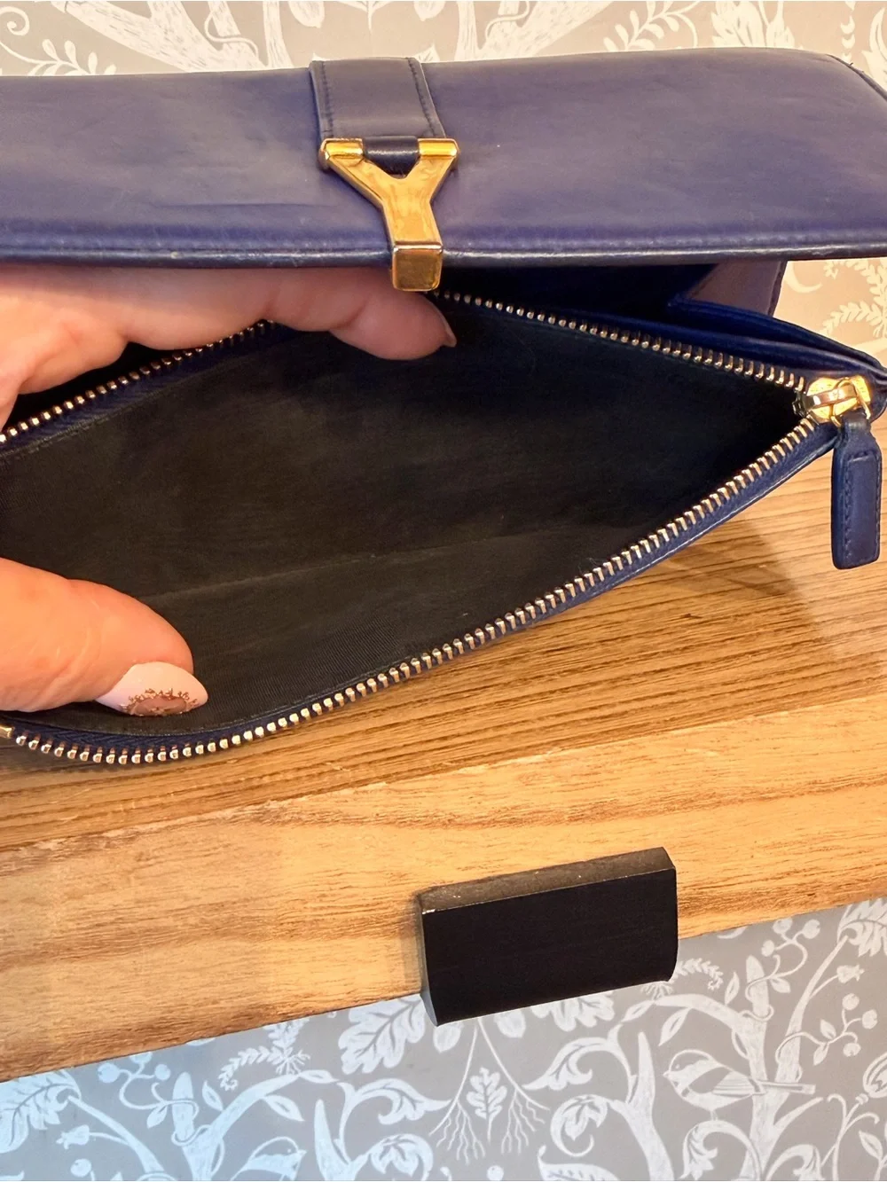 Authentic Saint Laurent YSL Blue Smooth Leather Cassandra Wallet Gold Hardware